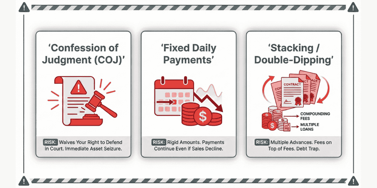 Infographic showing major red flags and risky contract tactics used by predatory lenders.