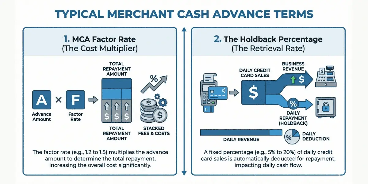 Infographic explaining Merchant Cash Advance factor rates and holdback percentage terms.