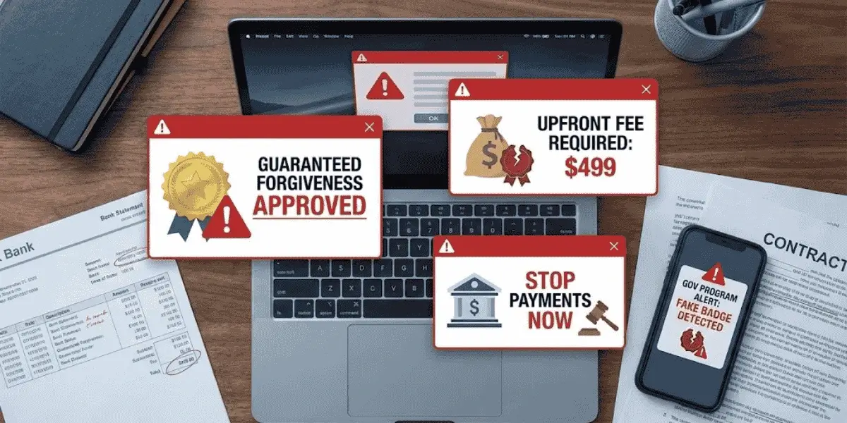 laptop and bank papers covered in warning popups exposing mca debt relief scam tactics