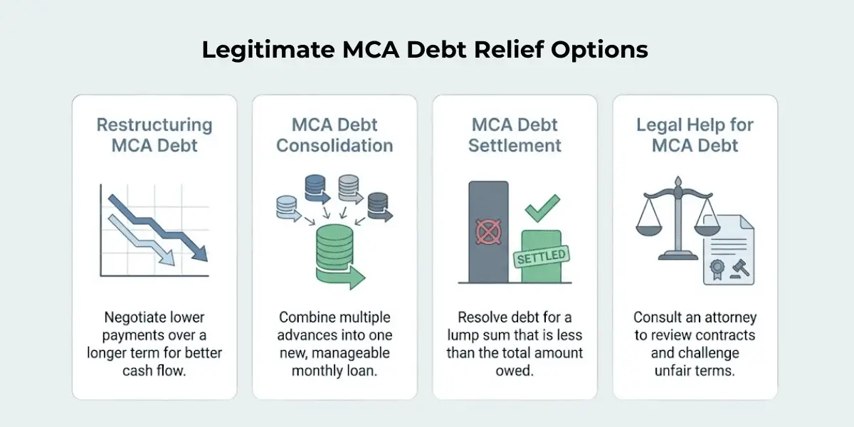 infographic of legitimate mca debt relief options like restructuring and consolidation