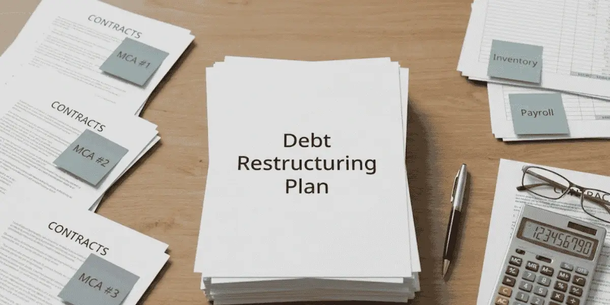 desk with contracts and debt restructuring plan showing business mca debt relief strategy