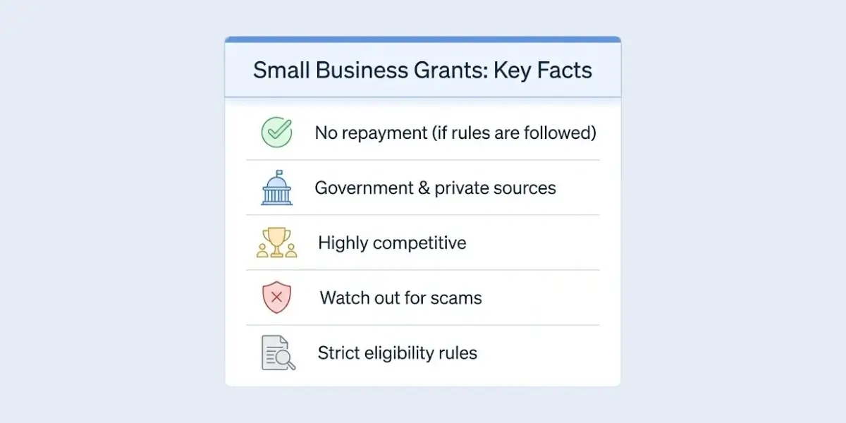grant vs loan infographic showing key facts about small business grants and eligibility