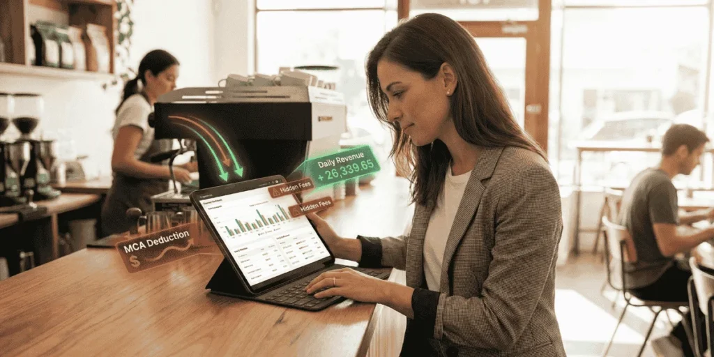 Small business owner reviewing Merchant Cash Advance fees and daily deductions on a tablet.