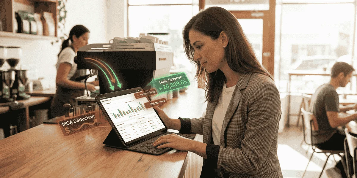 Small business owner reviewing Merchant Cash Advance fees and daily deductions on a tablet.