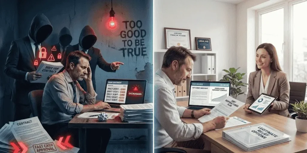 split image of mca debt relief scams versus professional advisor offering real solutions