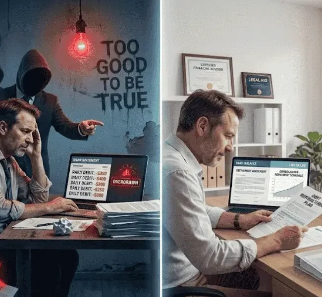 split image of mca debt relief scams versus professional advisor offering real solutions