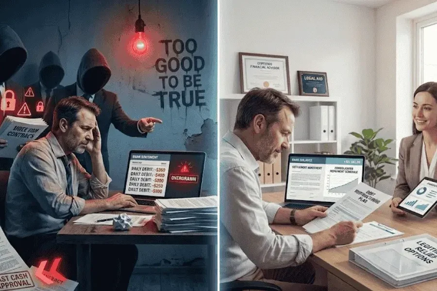 split image of mca debt relief scams versus professional advisor offering real solutions