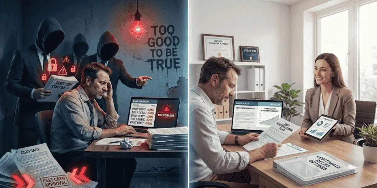 split image of mca debt relief scams versus professional advisor offering real solutions