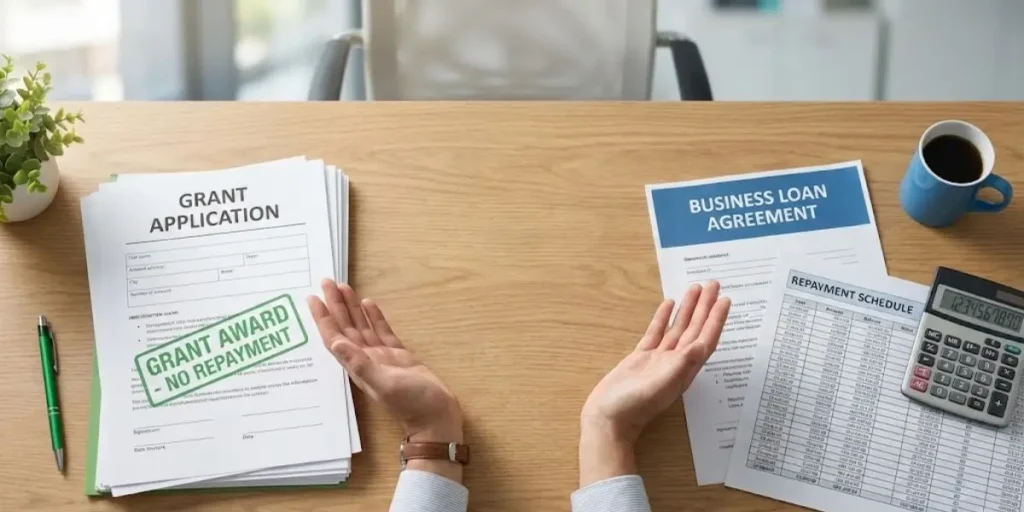 grant vs loan documents on desk comparing grant application with business loan agreement
