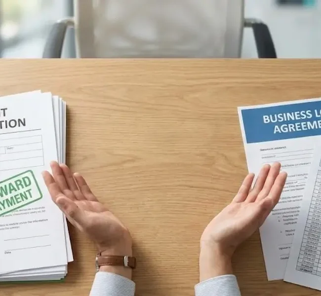 grant vs loan documents on desk comparing grant application with business loan agreement