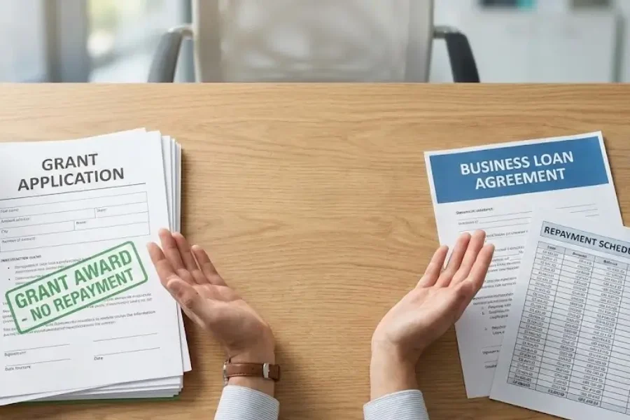 grant vs loan documents on desk comparing grant application with business loan agreement