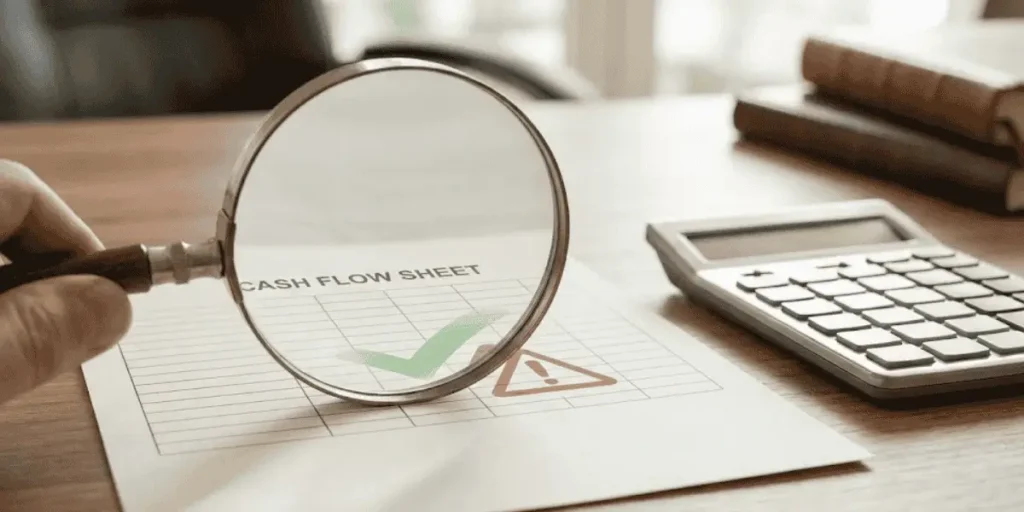 small business loan interest rates review cash flow sheet with magnifying glass