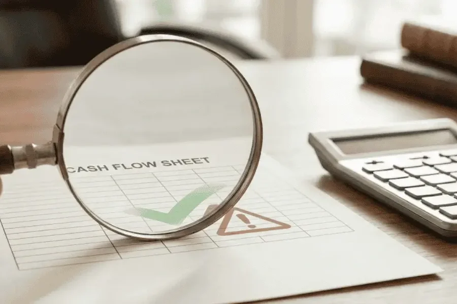 small business loan interest rates review cash flow sheet with magnifying glass