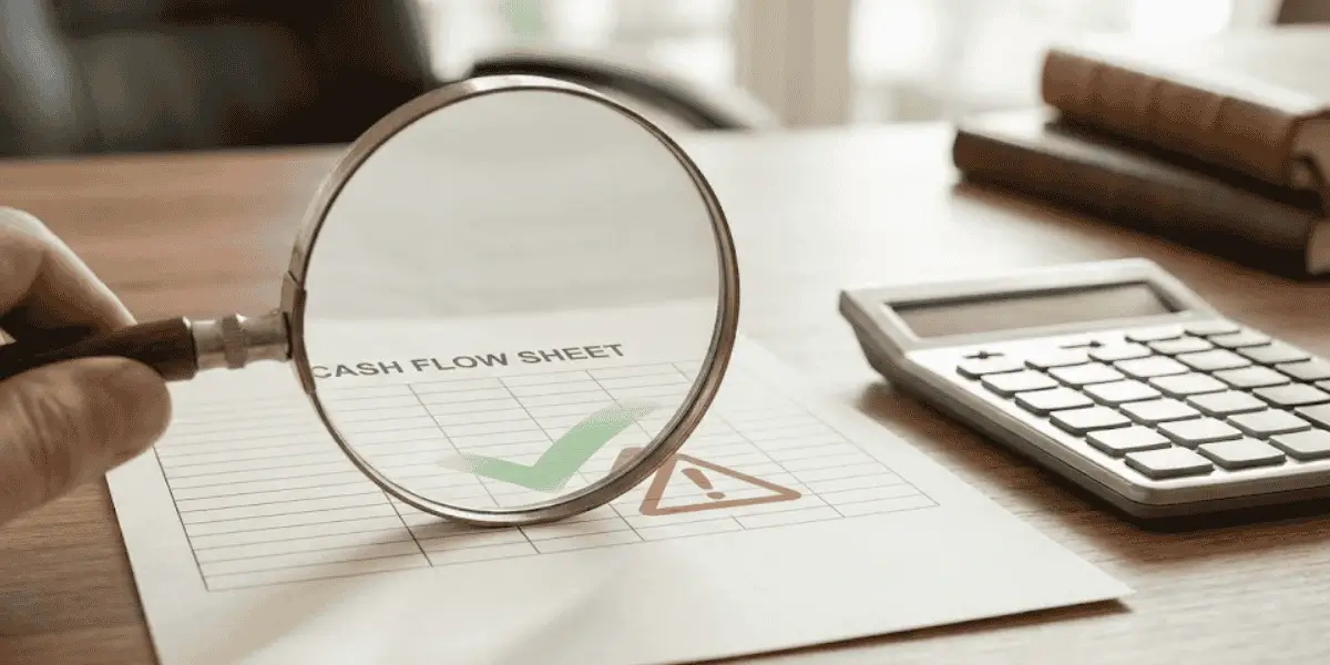 small business loan interest rates review cash flow sheet with magnifying glass