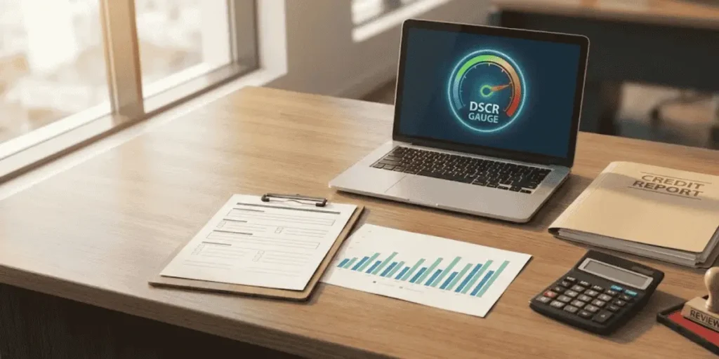 small business loan underwriters review dscr gauge, cash flow chart, credit file