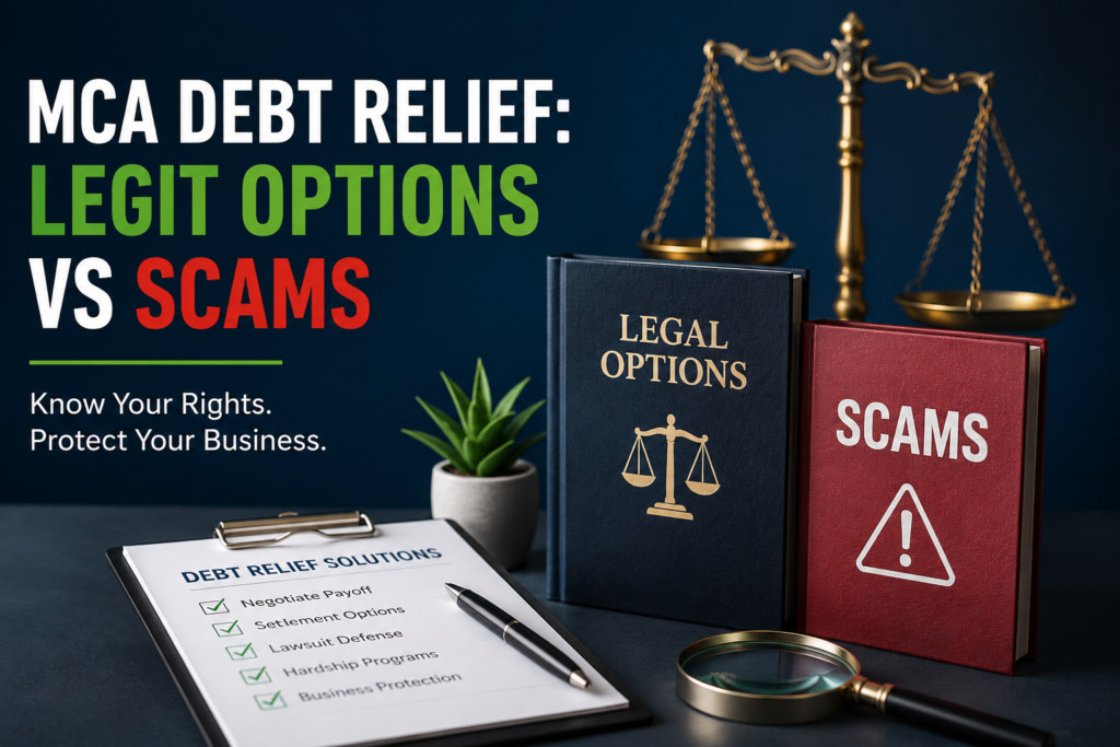 MCA debt relief options compared to scams, showing legal debt settlement solutions, merchant cash advance restructuring, and business debt resolution strategies.