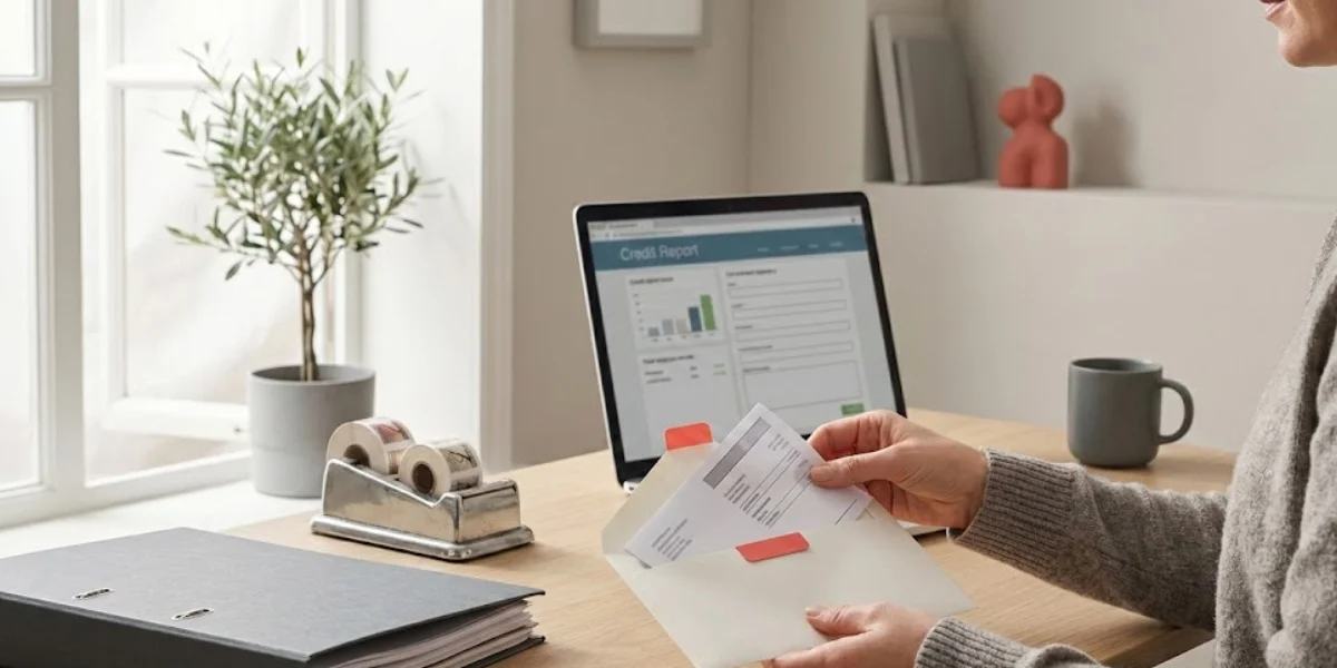 free credit disputes letter being prepared beside a laptop showing a credit report