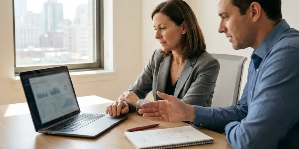 waterworks agency consultants advising a business owner while reviewing laptop analytics