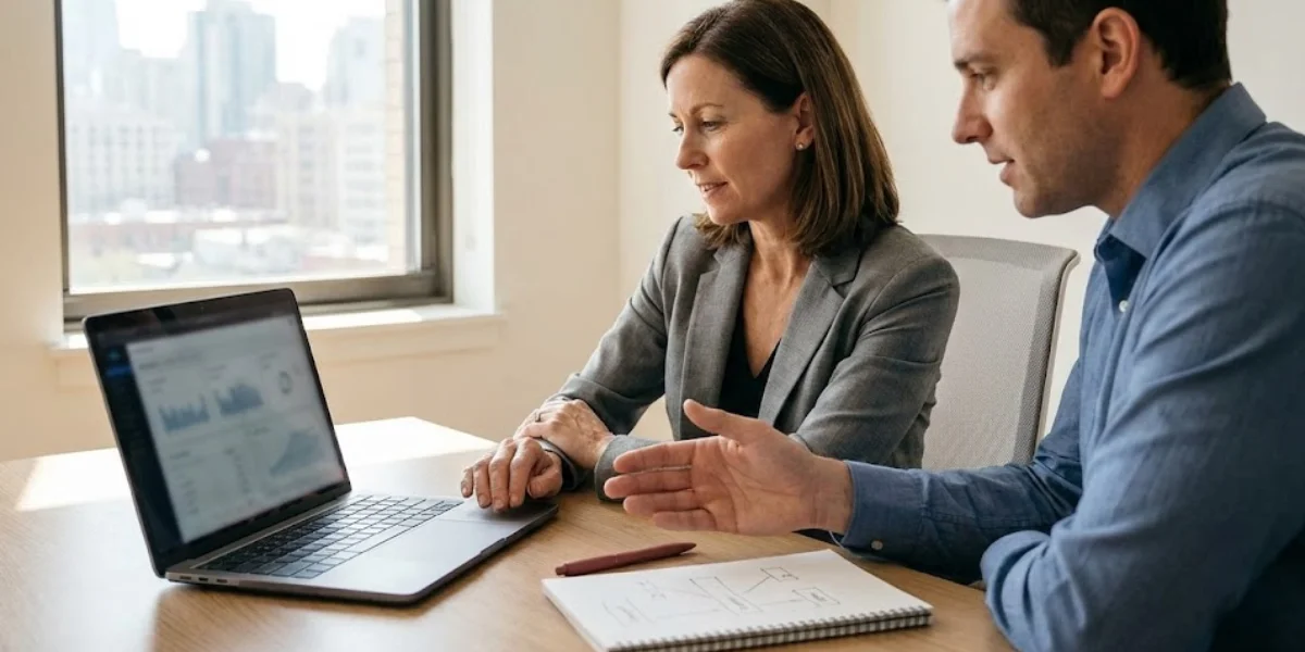 waterworks agency consultants advising a business owner while reviewing laptop analytics