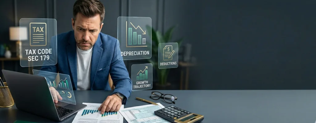 2025 small business tax changes: owner reviewing tax forms, receipts and spreadsheet