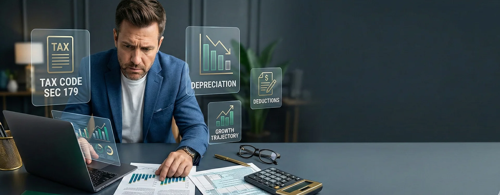 2025 small business tax changes: owner reviewing tax forms, receipts and spreadsheet