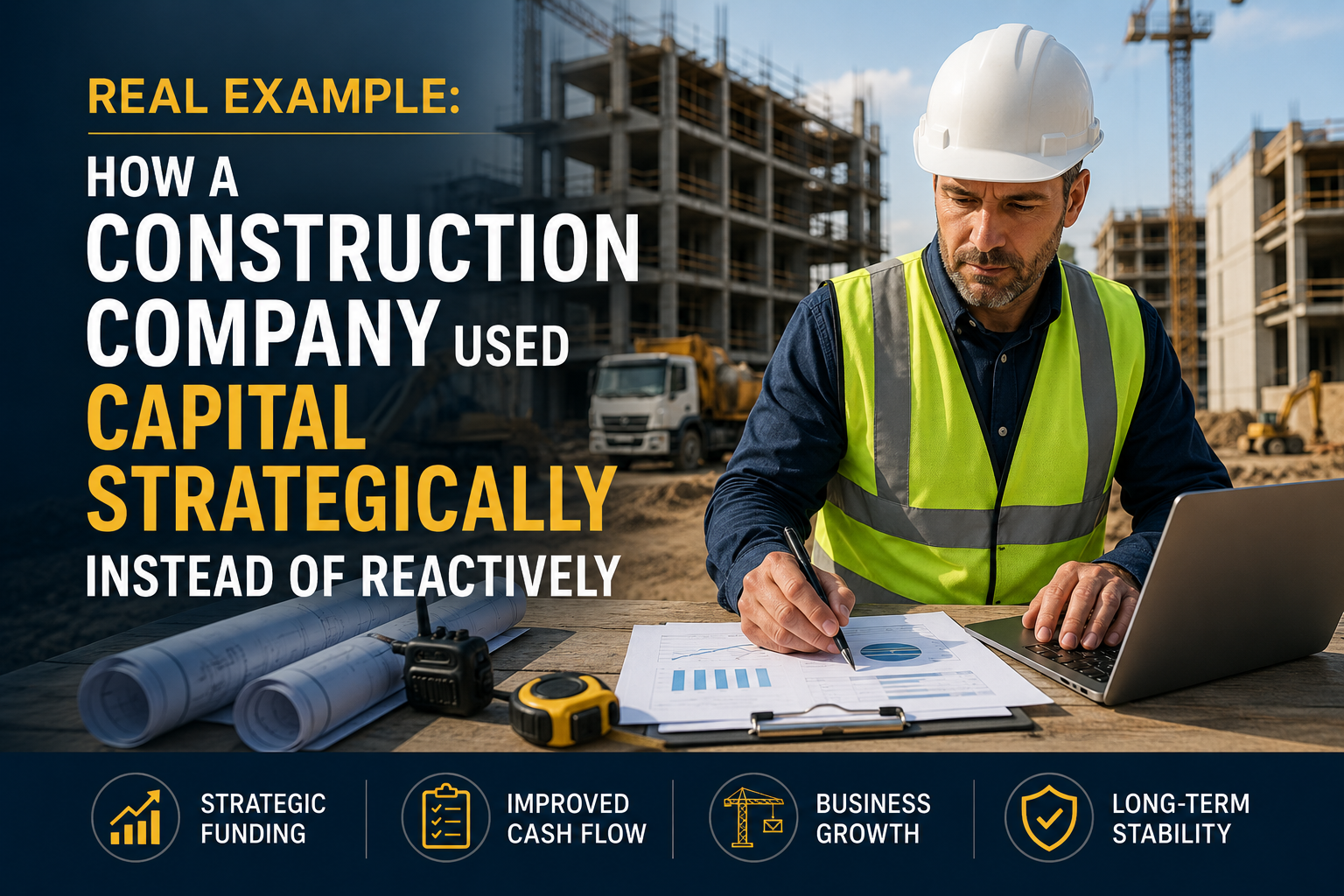 Construction company owner reviewing financial plans and project budgets while using business capital strategically for growth, cash flow management, and expansion.
